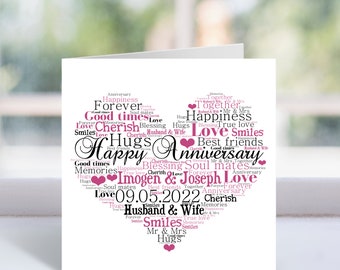 Personalised Happy Anniversary Card - Heart Word Art Card - Custom Gifts For Couples, Mum And Dad - For Him, Her, Husband, Wife