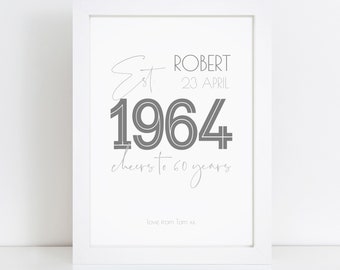 Personalised 60th Print - Born in 1964 - Birthday Keepsake Gifts - For Him, Her, Men, Women - Friend, Mum, Dad, Sister, Brother, Husband