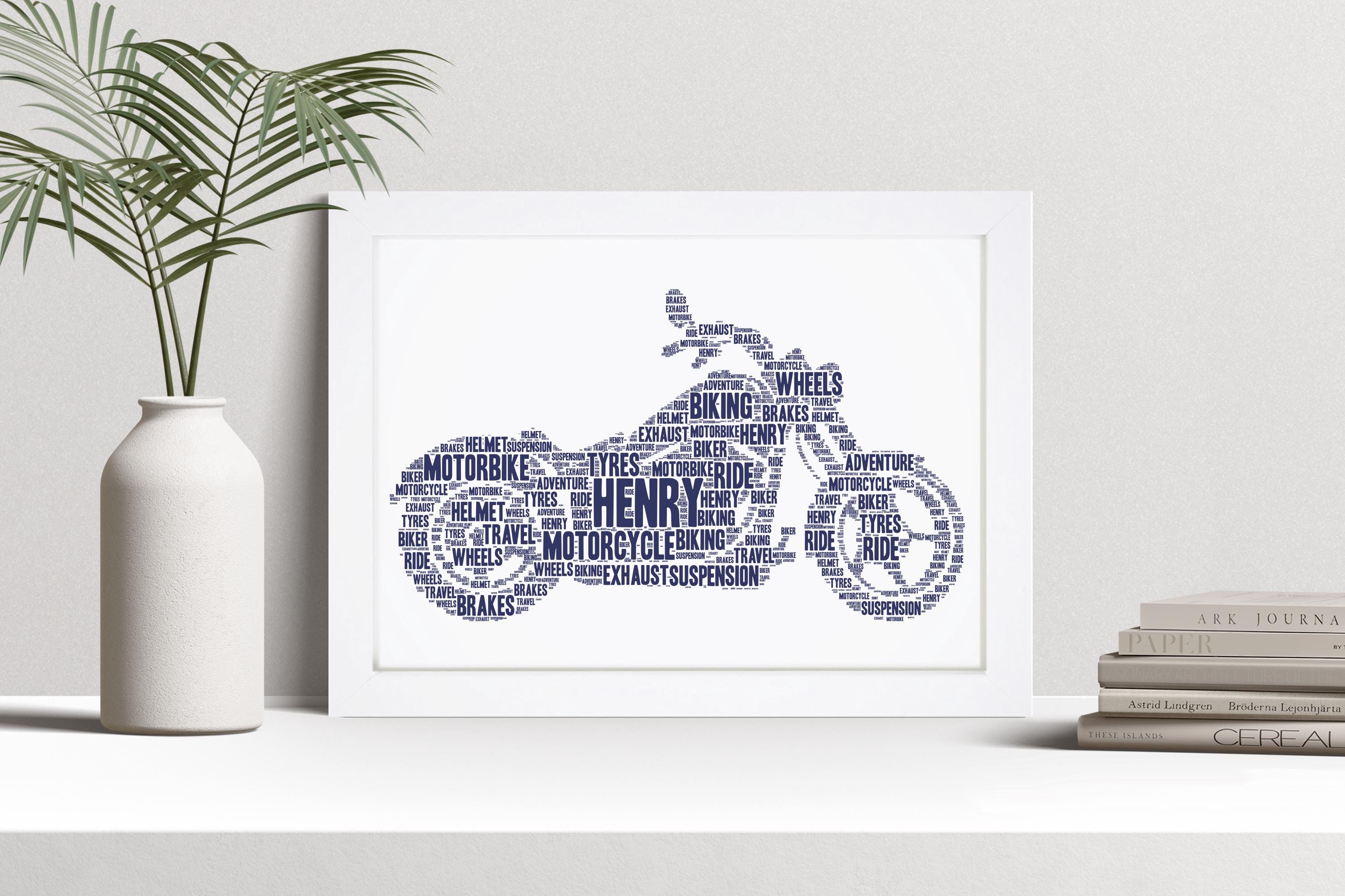 Personalised Classic Motorbike Word Art Print, Vintage Motorcycle Gift, Custom Wall Art Framed Picture, Present For Men, Women NL