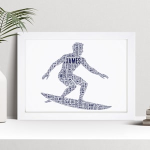 Impressão artística personalizada com palavra surfista masculino, presente de surfe, imagem emoldurada de parede personalizada, presente para homens, meninos da Holanda