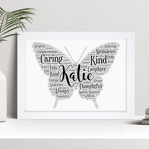 Personalised Butterfly Word Art Print, Friendship Gift, Custom Wall Art Framed Picture, Present For Women, Girls NL