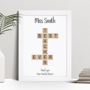 Personalised Best Teacher Scrabble Print, Thank You Gift, Custom Wall Art Framed Picture, Present For Male, Female Tutor NL