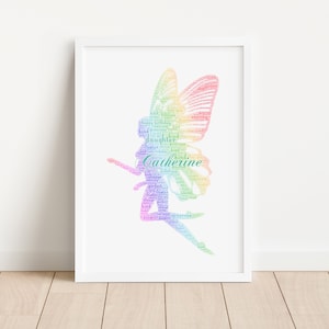 Personalised Rainbow Fairy Print Custom Word Wall Art Picture Birthday Gifts For Her, Women, Girls,Kids Daughter Granddaughter image 1