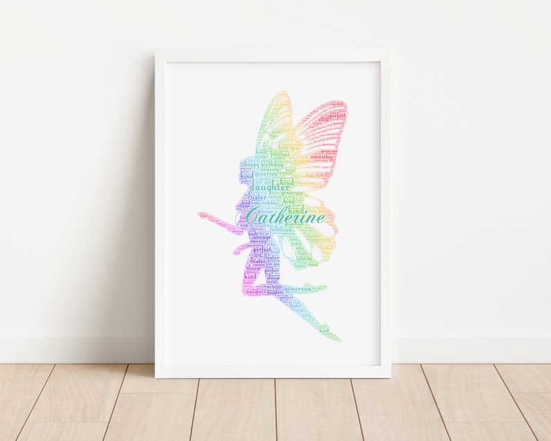 Personalised Rainbow Fairy Print Custom Word Wall Art Picture Birthday Gifts For Her, Women, Girls,Kids Daughter Granddaughter image 1