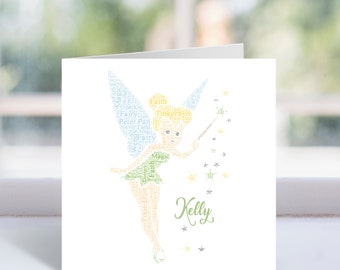 Personalised Tinkerbell Word Art Card - Peter Pan Themed Birthday Cards - For Her, Women, Girls, Kids - Disney Inspired