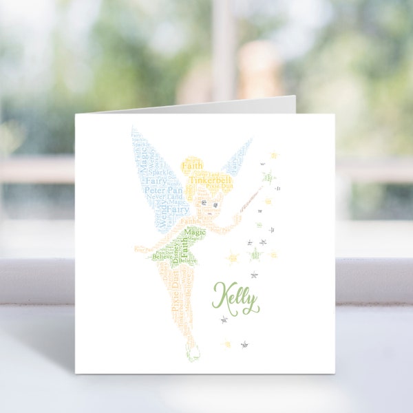 Personalised Tinkerbell Word Art Card - Peter Pan Themed Birthday Cards - For Her, Women, Girls, Kids - Disney Inspired