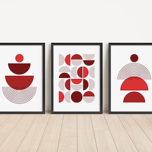 Juego de 3 impresiones de arte de pared con formas geométricas: póster de decoración del hogar minimalista, abstracto, rojo, moderno de mediados de siglo