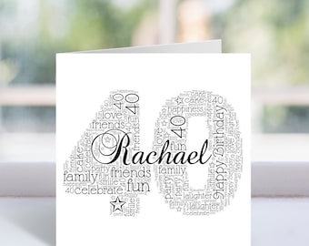 Personalised 40th Card - Custom Word Art Greeting Card - Birthday Keepsake Gifts - For Him, Her, Men, Women - Friend, Mum, Dad