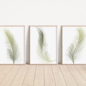 Set of 3 Feather Wall Art Prints,  Green, Sage Minimalistic Boho, Home Décor Poster