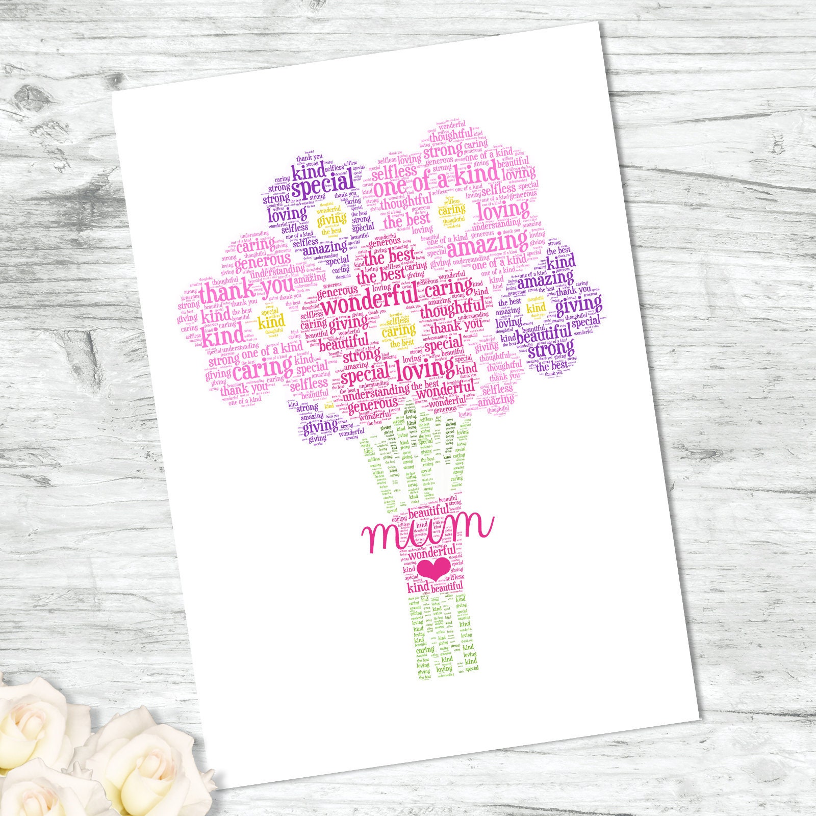 Personalised Bouquet Print Flower Word Wall Art Birthday 