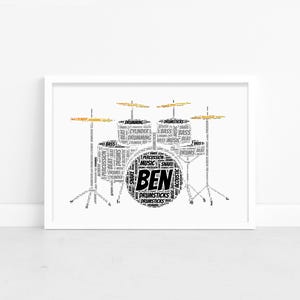 Personalised Drum Kit Print - Custom Word Wall Art Prints - Drummer, Musician, Music Teacher Gifts - For Him, Her - Men, Women, Girls, Boys