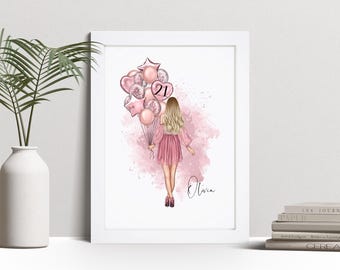 Personalised 21st Birthday Print, Female Birthday Party Poster, Custom Wall Art Framed Picture For Her, Friend, Daughter, Granddaughter NL