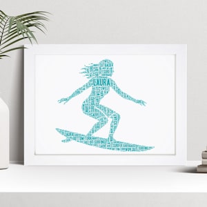 Personalised Female Surfer Word Art Print, Surfing Gift, Custom Wall Art Framed Picture, Present For Women, Girls NL