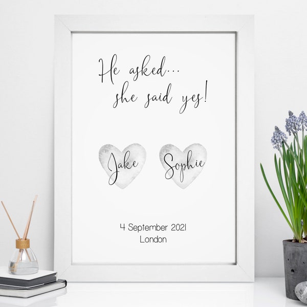 Personalised Engagement Print - Custom Wall Art - Date, Destination Keepsake - He Asked, She Said Yes - For Him, Her, Couples, Friends