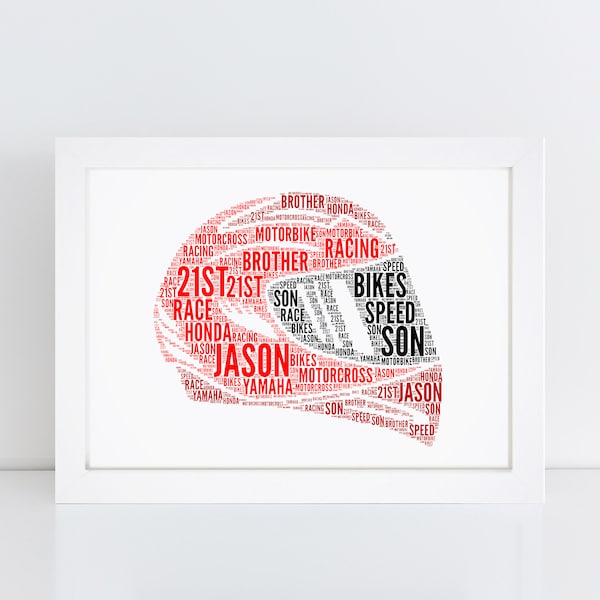 Personalised Crash Helmet Print - Motorcycle Helmet Word Wall Art - Birthday Gifts - For Him, Her, Men, Women - Motor Cross, Racing, Bike