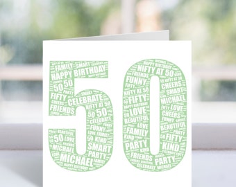 Personalised 50 Word Art Card - 50th Birthday Card - For Him, Her, Men, Women - Friend, Husband, Wife, Mum, Dad