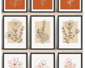 Set of 3 Abstract Floral Wall Art Prints,  Orange Minimalistic Boho, Home Décor Poster