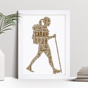Personalised Female Hiker Word Art Print, Walking Gift, Custom Wall Art Framed Picture, Present For Women, Girls NL