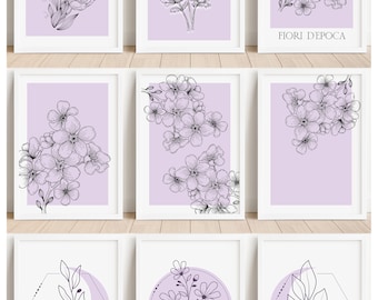 Set of 3 Purple Boho Floral Wall Art Prints,  Purple Minimalistic Flower Art, Home Décor A5 A4 A3 Poster