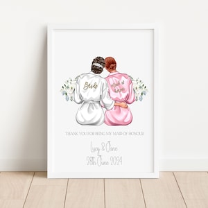 Personalised Thank You Maid of Honour, Bridesmaid Print - Wedding Day Robes Wall Art Frame - Wedding Keepsake Gifts From Bride