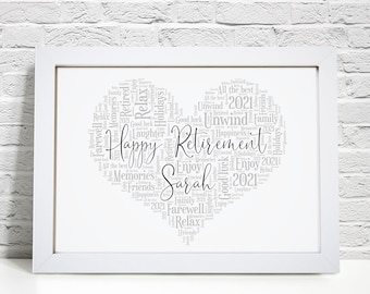 Personalised Retirement Heart Print - Word Wall Art Frame - Leaving, Retiring Gifts - For Her, Women - Friend, Colleague