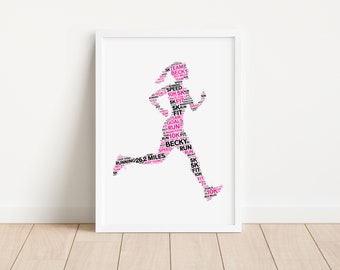 Personalised Female Runner Print - Custom Word Wall Art Frame - Running Birthday, Christmas Gifts For Her, Women - Marathon Runner Print