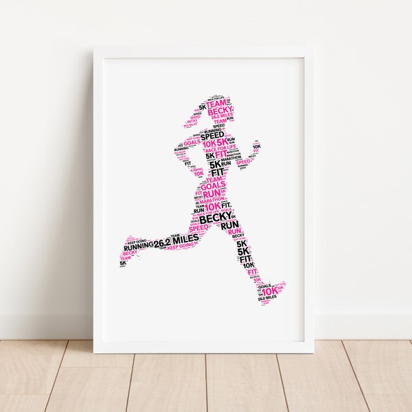 Personalised Female Runner Print - Custom Word Wall Art Frame - Running Birthday, Christmas Gifts For Her, Women - Marathon Runner Print