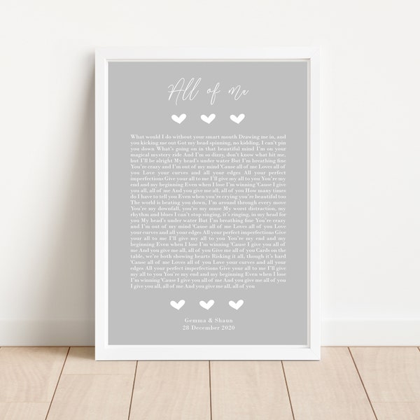 Personalised Song Lyrics Print - Custom Wall Art - Wedding, Anniversary Gifts - For Couples - Husband, Wife, Mum And Dad - First Dance