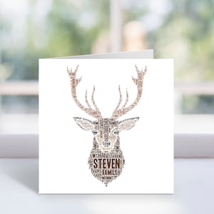 Tarjeta personalizada con arte de palabras con cabeza de ciervo, tarjeta de ciervo para cumpleaños, para él, hombres, papá, abuelo, hijo