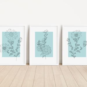 Set of 3 Abstract Floral Wall Art Prints,  Teal, Turquoise Minimalistic Boho, Home Décor Poster