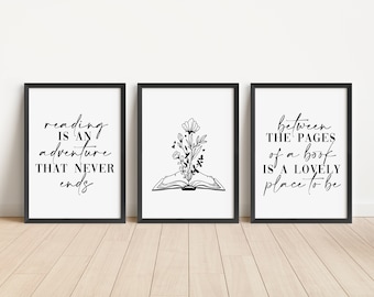 Set of 3 Reading Lover Prints, Reading Quote Wall Art Prints, Unframed Book Artwork, Bedroom Home Décor - A5 A4 A3 Black And White Line Art