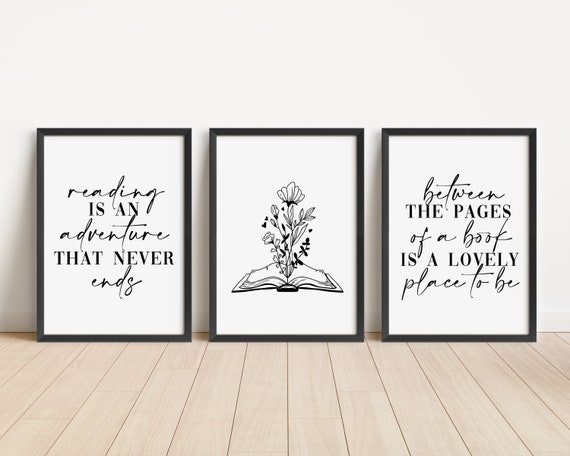 Set of 3 Reading Lover Prints, Reading Quote Wall Art Prints, Unframed Book Artwork, Bedroom Home Décor - A5 A4 A3 Black And White Line Art