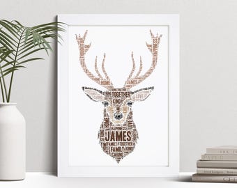 Personalised Stags Head Print - Custom Family Word Wall Art Poster Picture - Deer Hunting Birthday, Gifts - For Him, Men - Dad, Grandad, Son