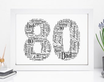 Personalised 80th Word Art Print - Birthday Gift - Keepsake Frame - For Him, Her, Men, Women - Friend, Mum, Dad, Nan, Grandad, Male