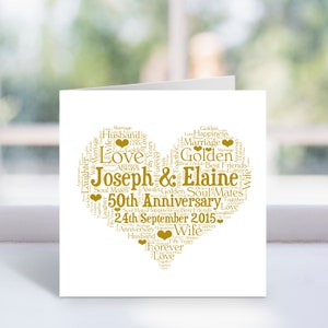 Personalised 50th Anniversary Heart Card - Custom Word Art - Anniversary Card - For Couples, Mum And Dad, Parents, Golden, Gold, Wedding