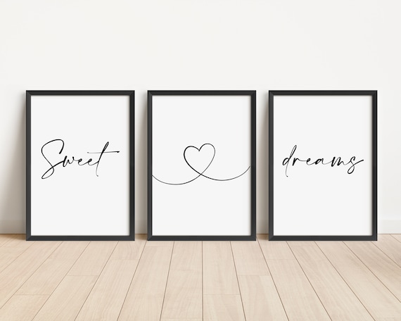 Set of 3 Bedroom Prints, Sweet Dreams Wall Art Prints, Unframed A3 A4 Poster - Home Décor, Typography Print, Black and White