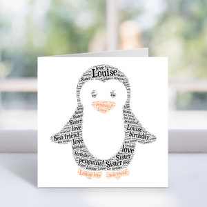 Personalisierte Pinguin Karte - Individuelle Wortkunst Karte - Geburtstag, Weihnachtskarten - Für Ihn, Sie, Männer, Frauen, Mädchen, Jungen, Kinder