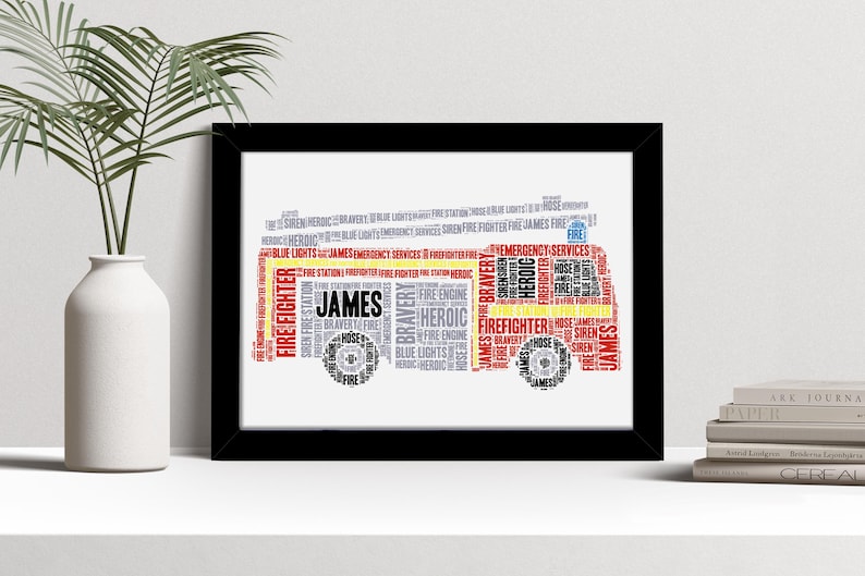 Personalised Fire Engine Word Art Print, Firefighter Gift, Custom Wall ...