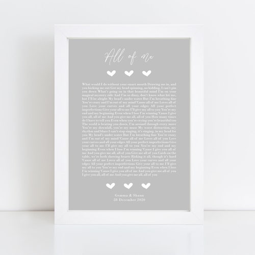 Personalised song lyrics print Wedding any song First Dance Anniversary 