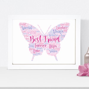 Personalised Butterfly Print - Custom Word Wall Art - Birthday, Friendship Gifts - For Her, Women, Girls - Best Friend, Mum, Sister