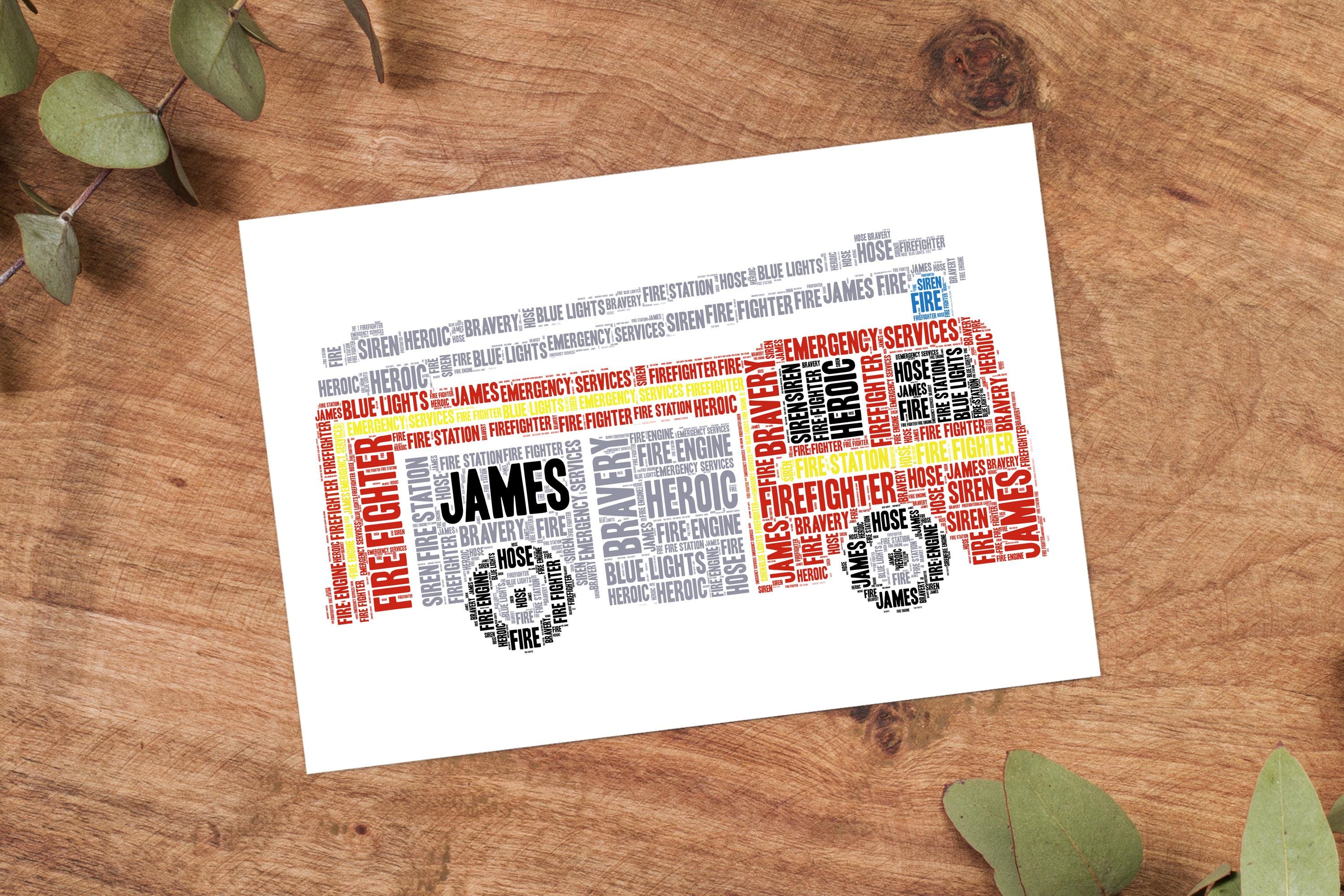Personalised Fire Engine Word Art Print, Firefighter Gift, Custom Wall ...