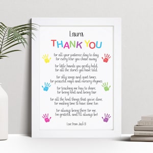 Personalised Thank You Poem Print, Nursery, Pre School Teacher Gift, Custom Wall Art Framed Picture, Present For Key Person NL
