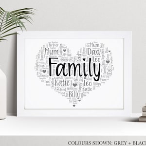 Personalised Family Heart Word Art Print, Home Decor, Father&#39;s Day Gift, Custom Wall Art Framed Picture, Present For Mum, Dad NL