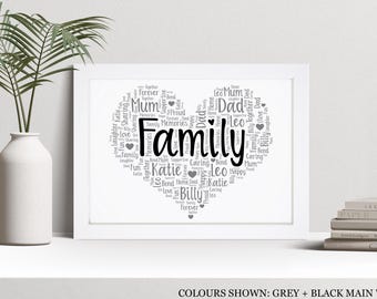 Personalised Family Heart Word Art Print, Custom Home Decor Gift