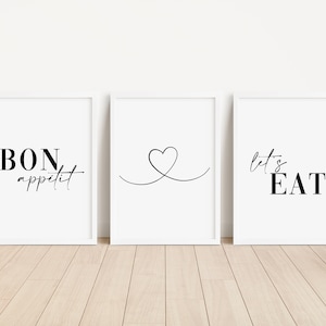 Set of 3 Kitchen Prints, Bon Appétit, Let&#39;s Eat Wall Art Prints, Unframed Kitchen, Dining Room Poster - Home Décor, Typography Print