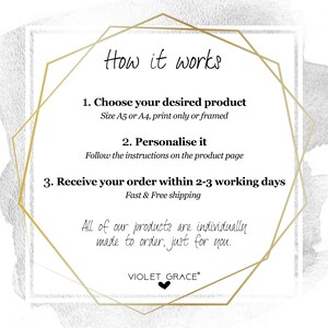 May include: How it works: Choose your desired product, personalize it, and receive your order within 2-3 working days.  Size A5 or A4, print only or framed. Fast & Free shipping. All of our products are individually made to order, just for you. VIOLET GRACE&reg;