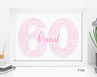 Personalised 60th Print - Custom Word Wall Art Frame - Birthday Anniversary Keepsake Gifts - For Her Women Friend Mum Nan Unique Gift Idea