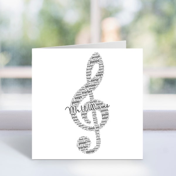 Personalised Treble Clef Card - Musical Note Word Art Card - Thank You, Birthday, Musician - For Him, Her, Men, Women, Girls Boys