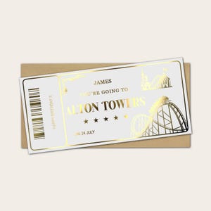Personalised Any Theme Park Metallic Foil Ticket, Surprise Reveal Custom Gift Voucher