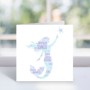 Carte sirène personnalisée - carte Word Art personnalisée - cartes d'anniversaire - pour elle, femmes, filles, enfants - amie, fille, soeur, nièce